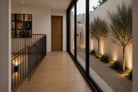 Interior corridor opening onto a planted light well