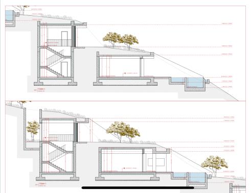 Section drawings showing both villas cut into the slope
