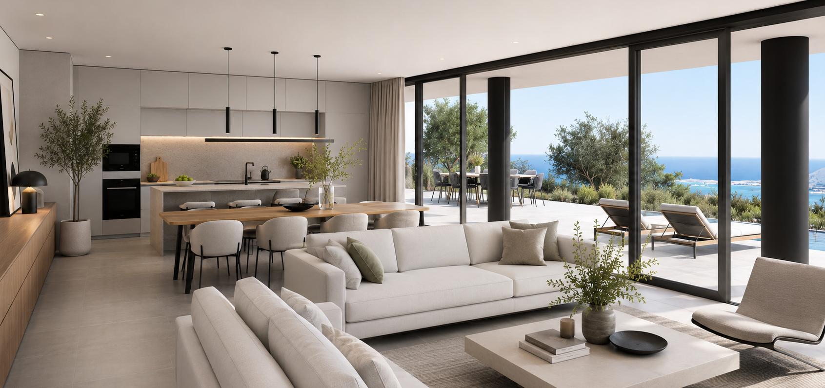 Open-plan living room and kitchen with the terrace doors slid open