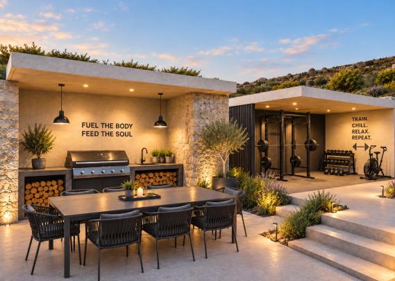 Outdoor kitchen with a barbecue and a long table