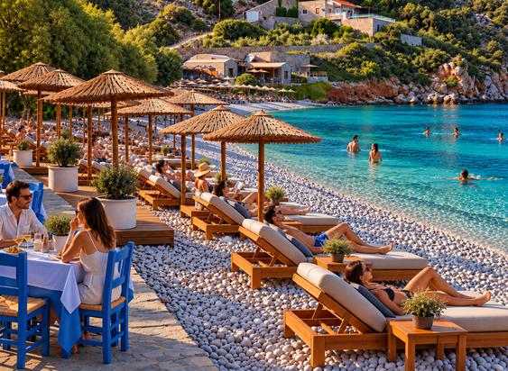 Sun loungers under straw parasols on a pebble beach