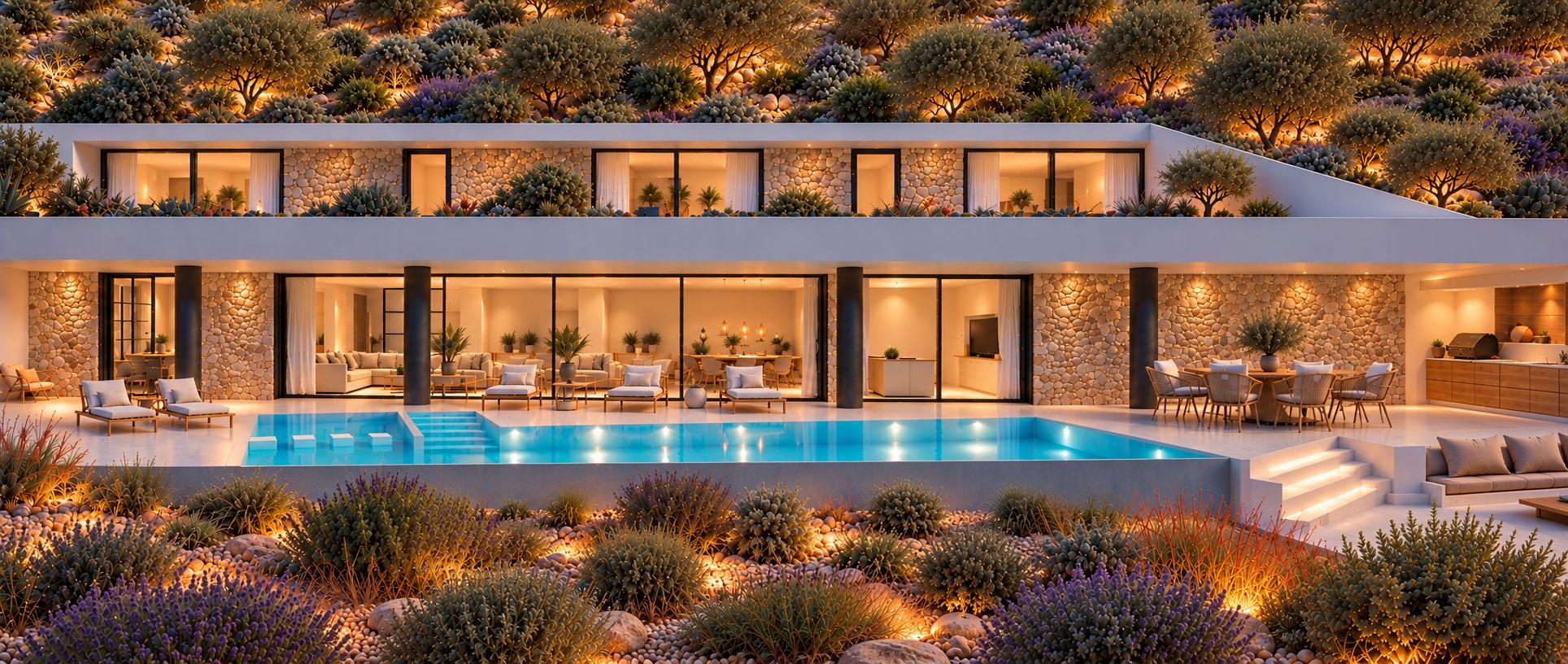 The villa at night with the pool and terraces lit